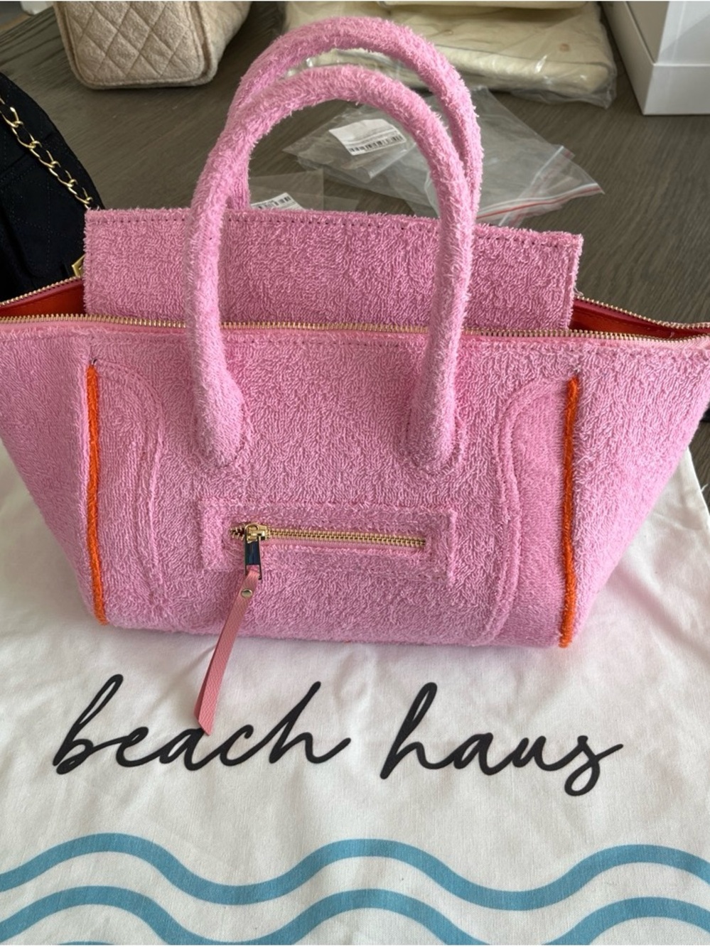 New Celine Pink Terry Tote Bag with Orange Trim -